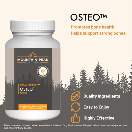 Mountain Peak Osteo capsules in bottle ready for daily bone health routine.