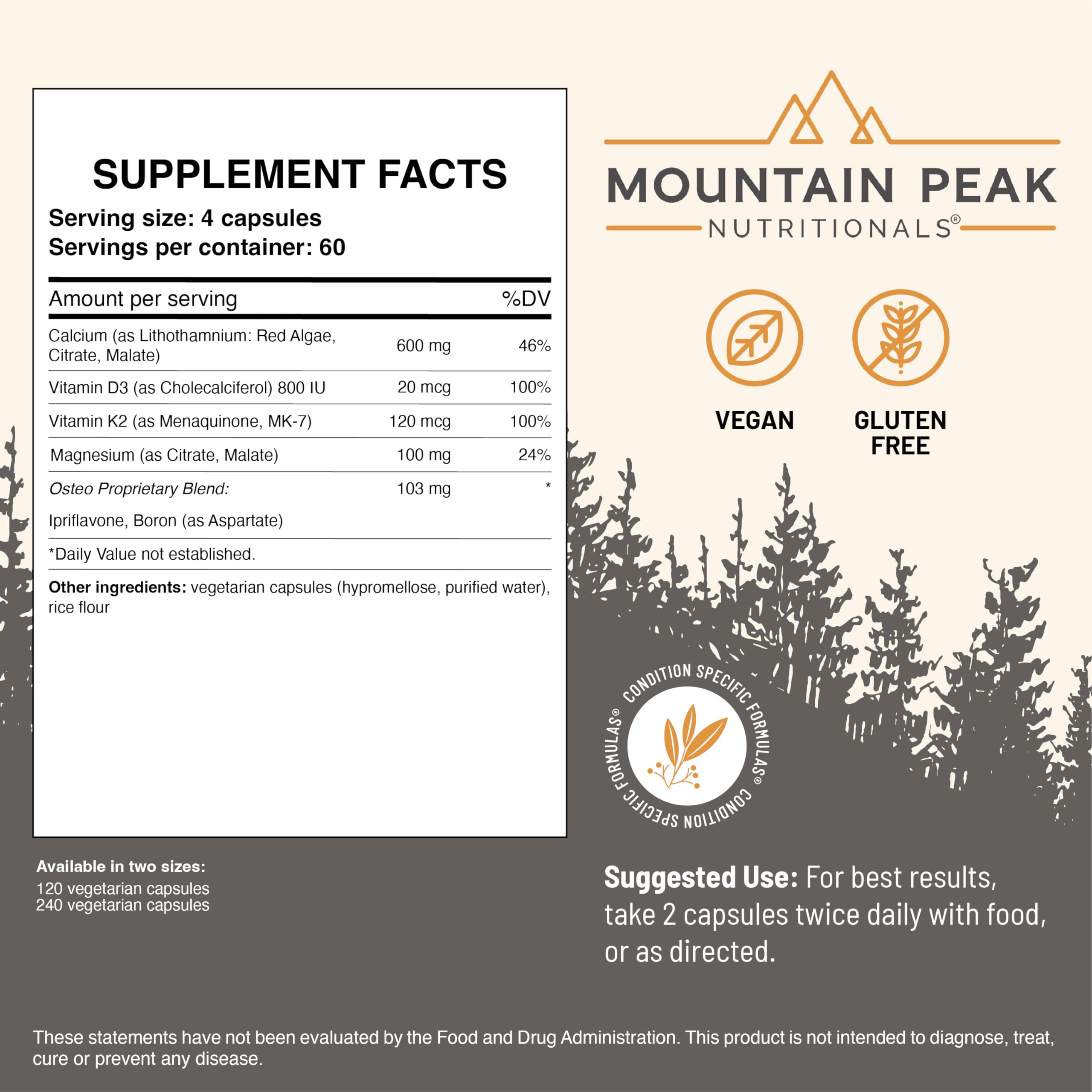 Mountain Peak Osteo bottle highlights D3 and K2 vitamins for bone wellness.