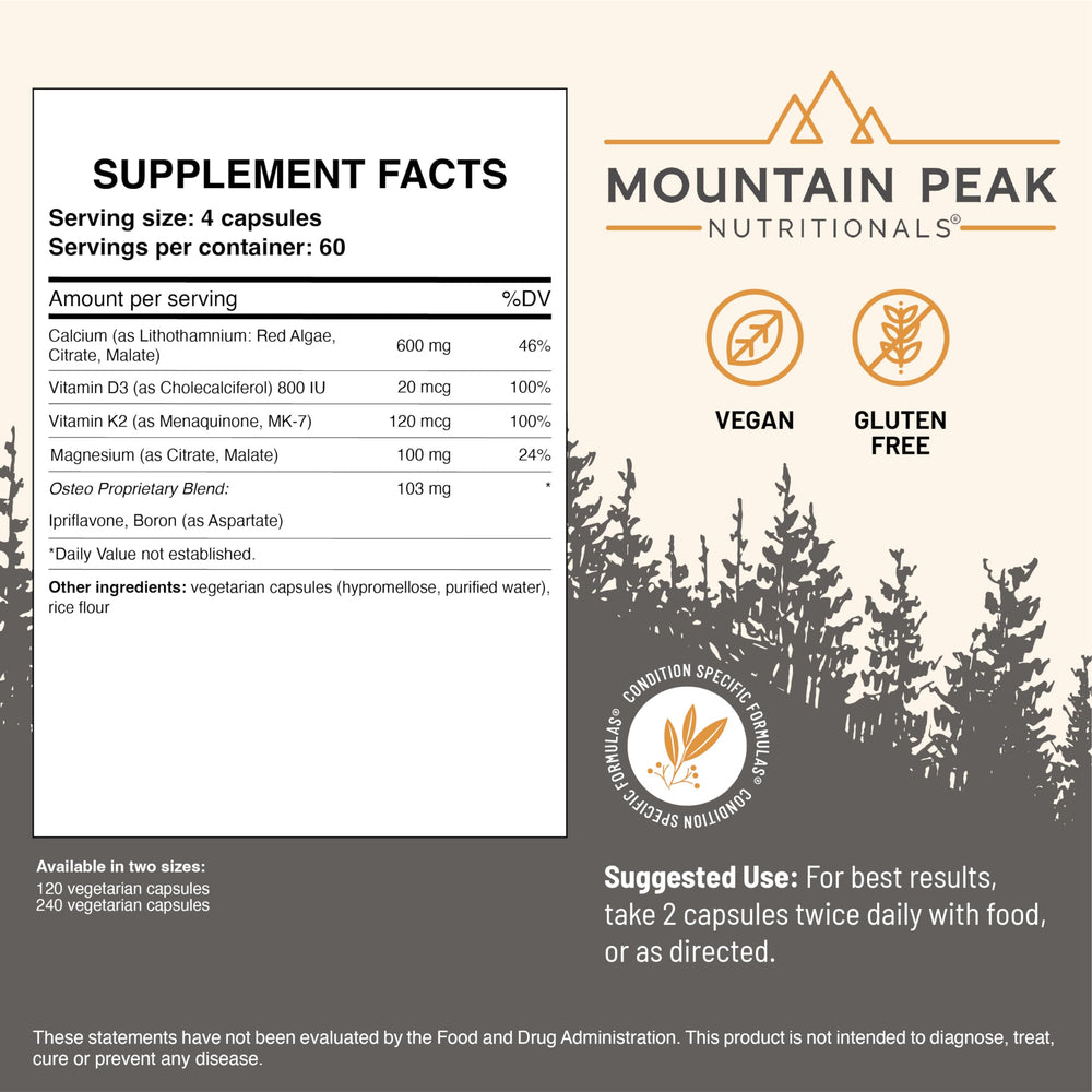 Mountain Peak Osteo bottle highlights D3 and K2 vitamins for bone wellness.