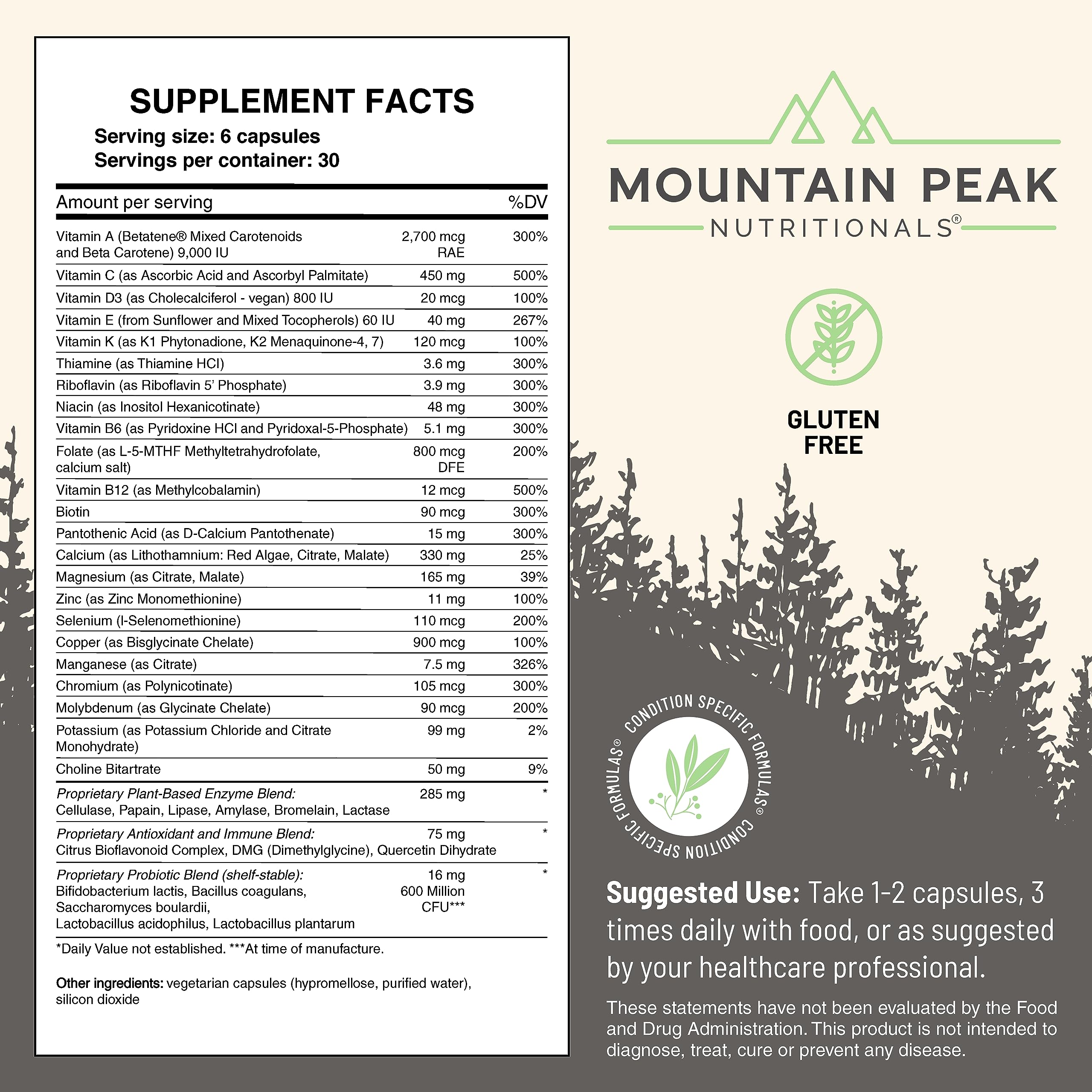 Mountain Peak Ultra High Multivitamin bottle label highlights essential vitamins.