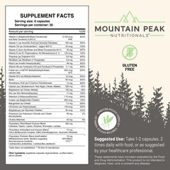 Mountain Peak Ultra High Multivitamin bottle label highlights essential vitamins.