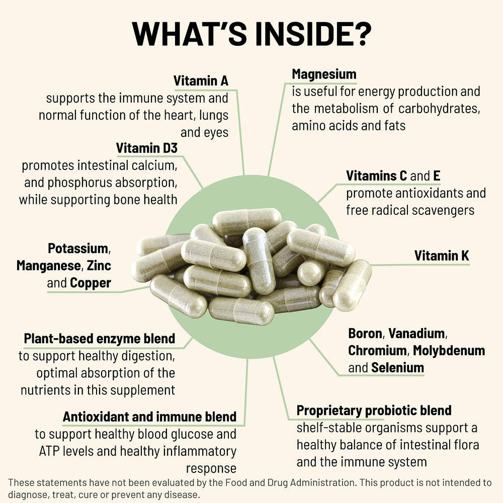 Mountain Peak Ultra High Multivitamin with digestive enzymes and probiotics for gut support.