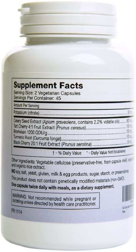 Mountain Song Go Out Relief ingredients label highlights tart cherry and celery seed components.
