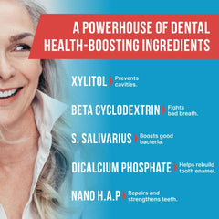 MOUTH SAVERS nano-hydroxyapatite ingredient closeup for enamel remineralization potential.