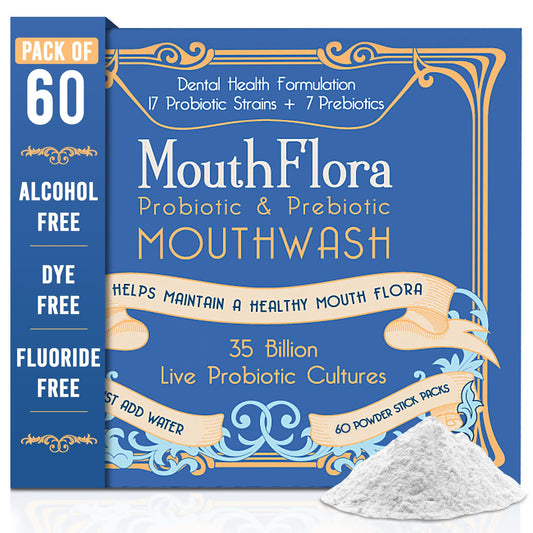 MouthFlora probiotic mouthwash bottle close-up for daily rinse and balanced oral health.