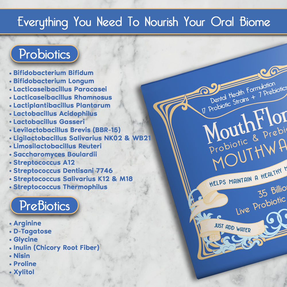 Close-up on MouthFlora label highlighting probiotic-prebiotic formula for balanced mouth microbiome.
