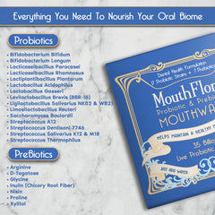 Close-up on MouthFlora label highlighting probiotic-prebiotic formula for balanced mouth microbiome.