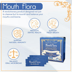 Liquid pours from MouthFlora bottle, showing probiotic mouthwash for fresh breath.