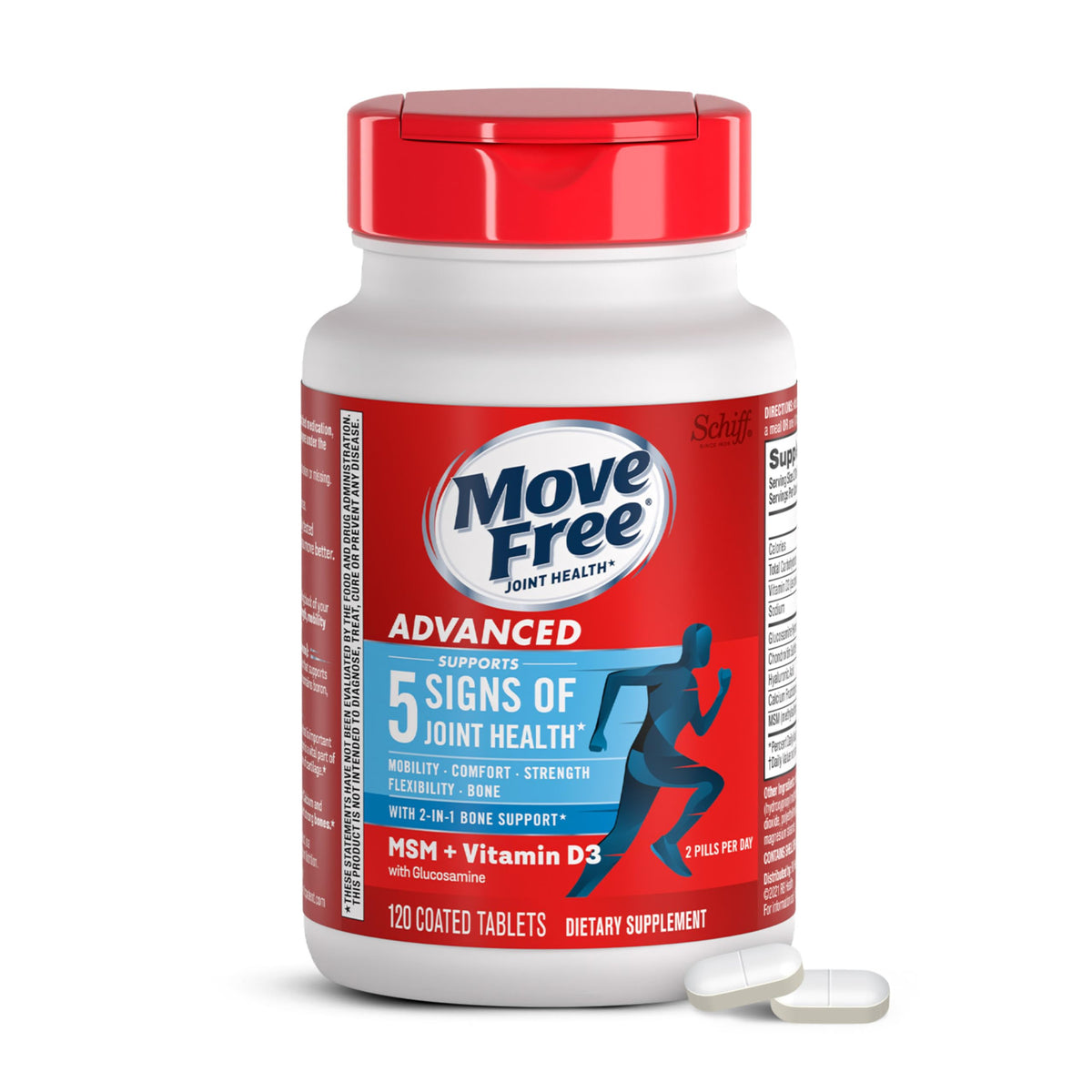 Move Free Advanced bottle front shows 120 tablets for joint support and mobility