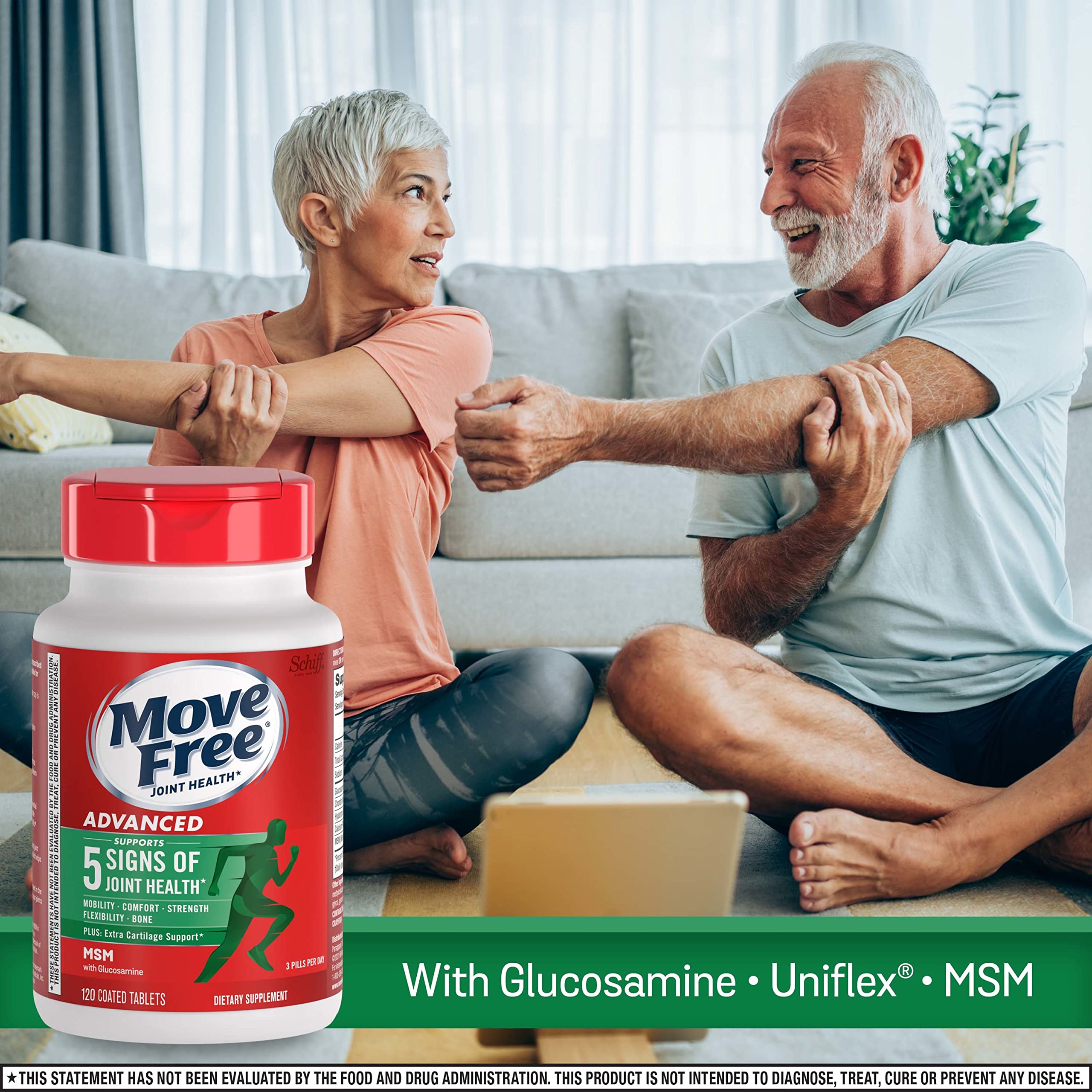 Move Free Advanced bottle label highlights key ingredients such as glucosamine and MSM.