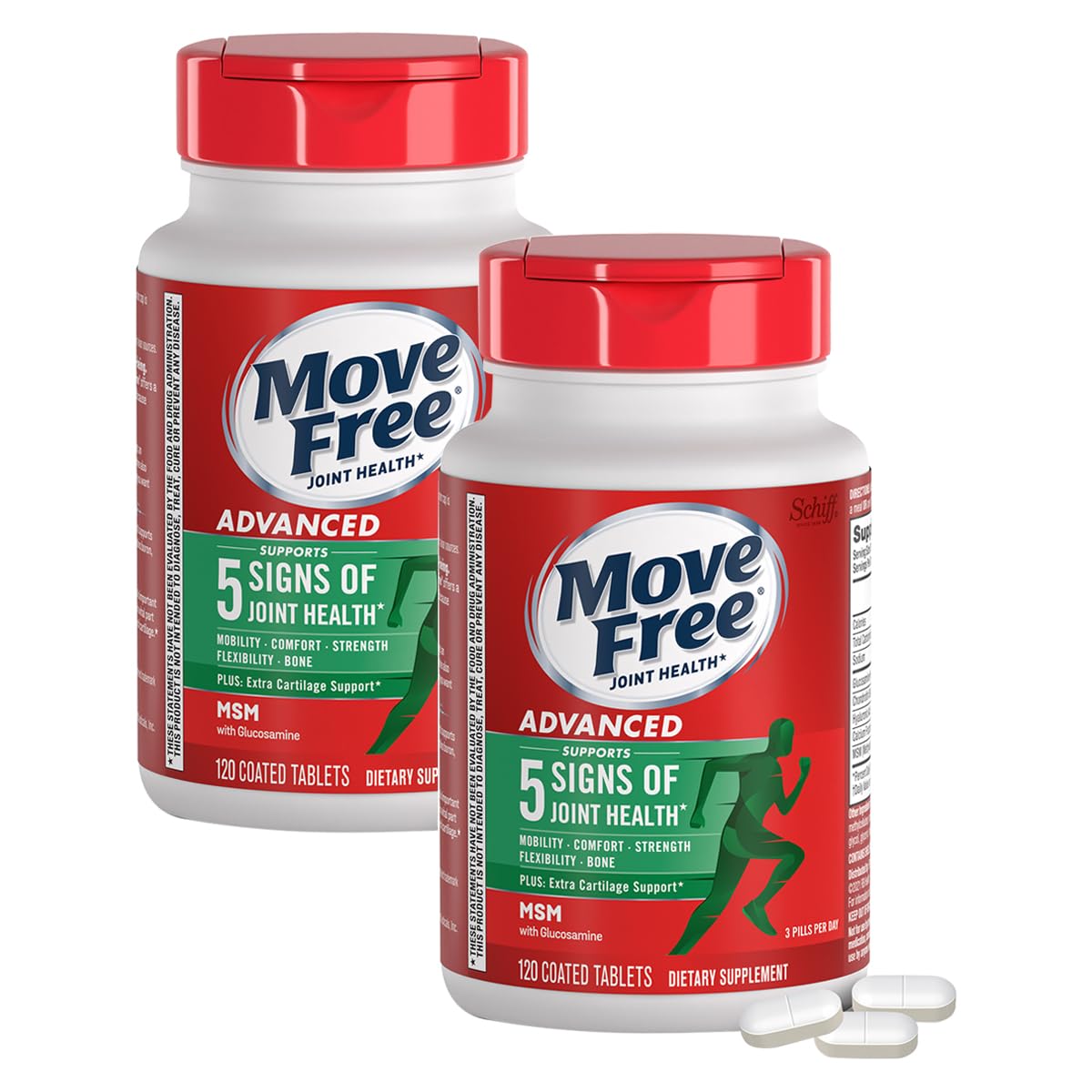 Move Free Advanced Plus MSM coated tablets packaging promotes joint comfort.
