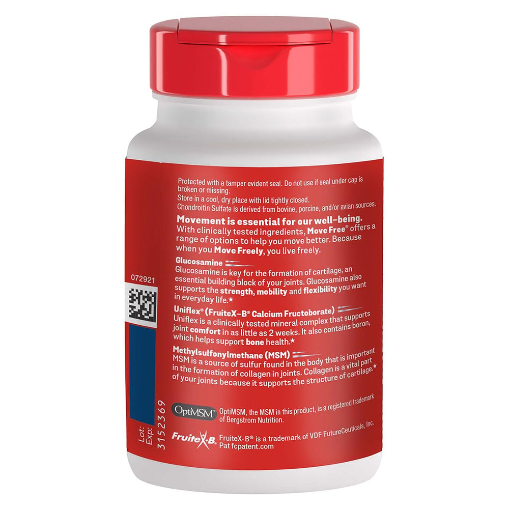Move Free Advanced Plus MSM bottle label highlights glucosamine and chondroitin ingredients.