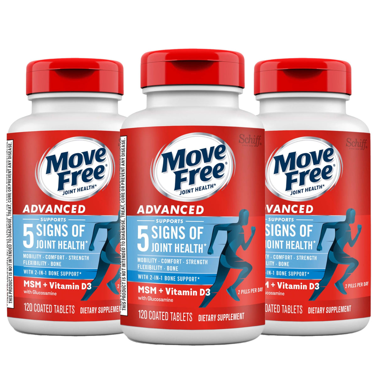 Move Free Advanced bottle front view showing joint support formula for mobility