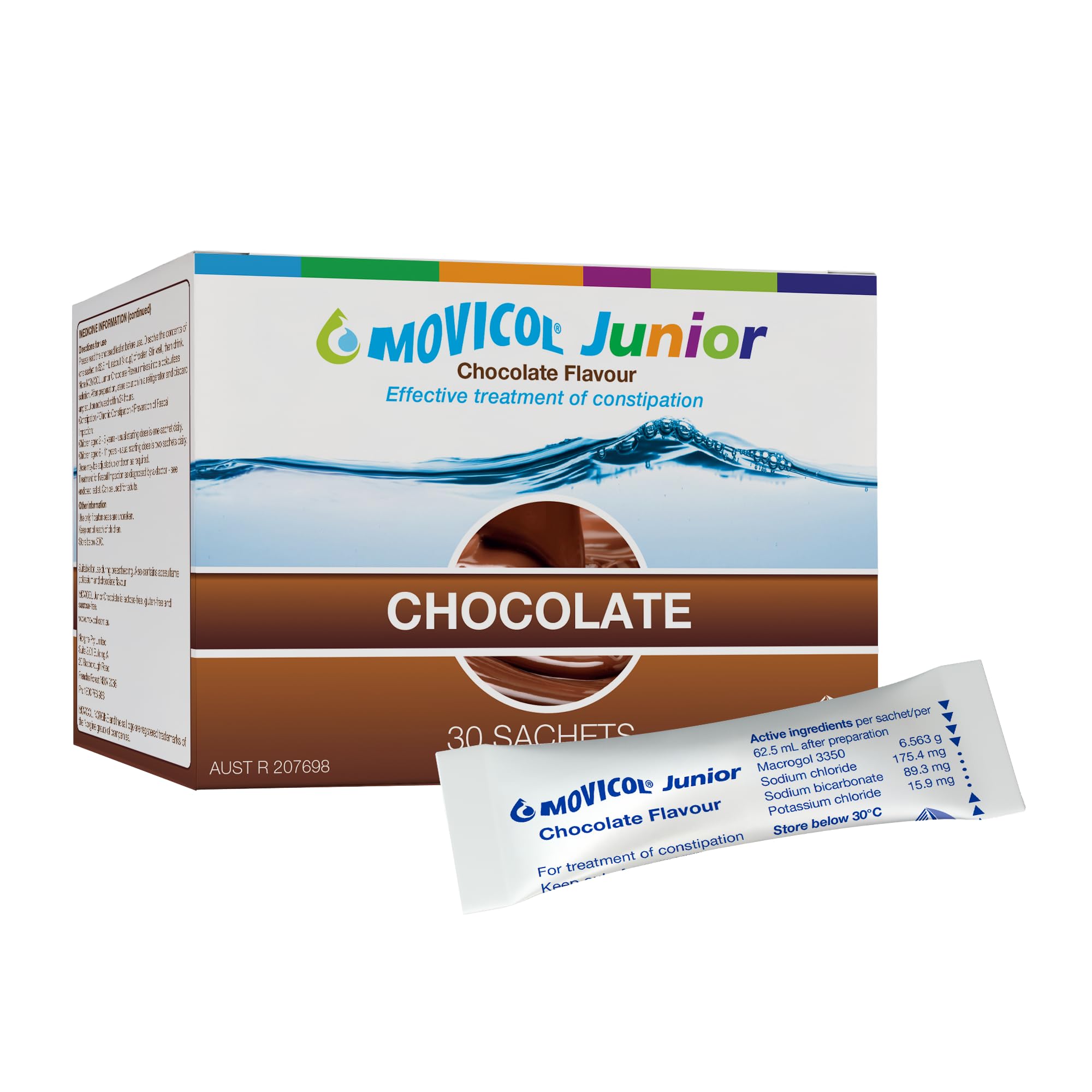 Movicol Junior Chocolate 30 pack cover image showing kid-friendly packaging and chocolate flavor appeal.
