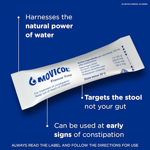 Movicol sachet pour shows easy mix in water for comfortable dosing.
