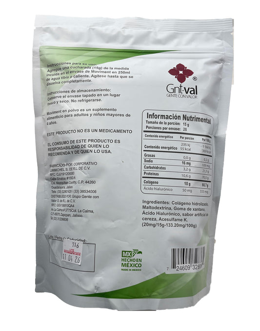 Moviment collagen-hyaluronic bottle nutrition facts highlighting protein and vitamin C support.