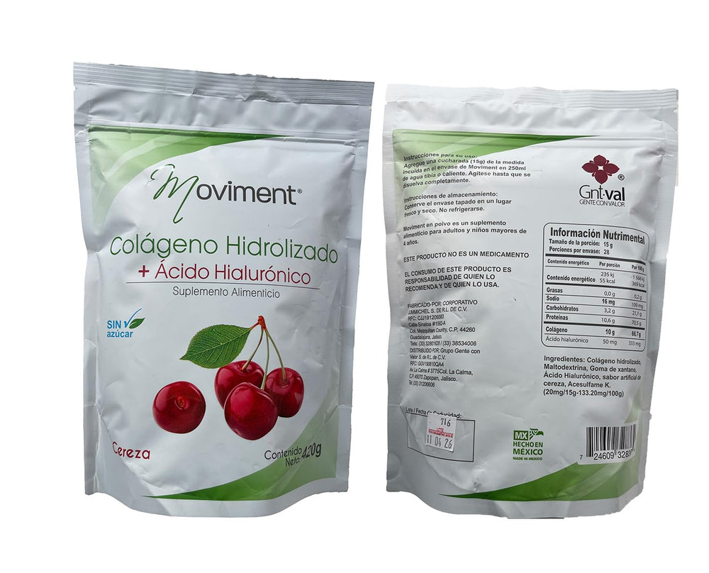 Moviment collagen-hyaluronic sugar-free powder scoop showing texture for mixing.