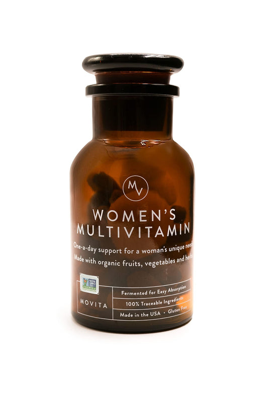 Movita Women’s Daily Multivitamin bottle front view, organic fermentation for easy absorption.