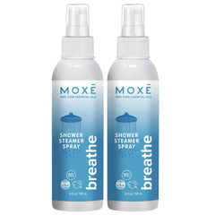 MOXE Breathe bottle front emphasizes premium aromatherapy for energizing showers.