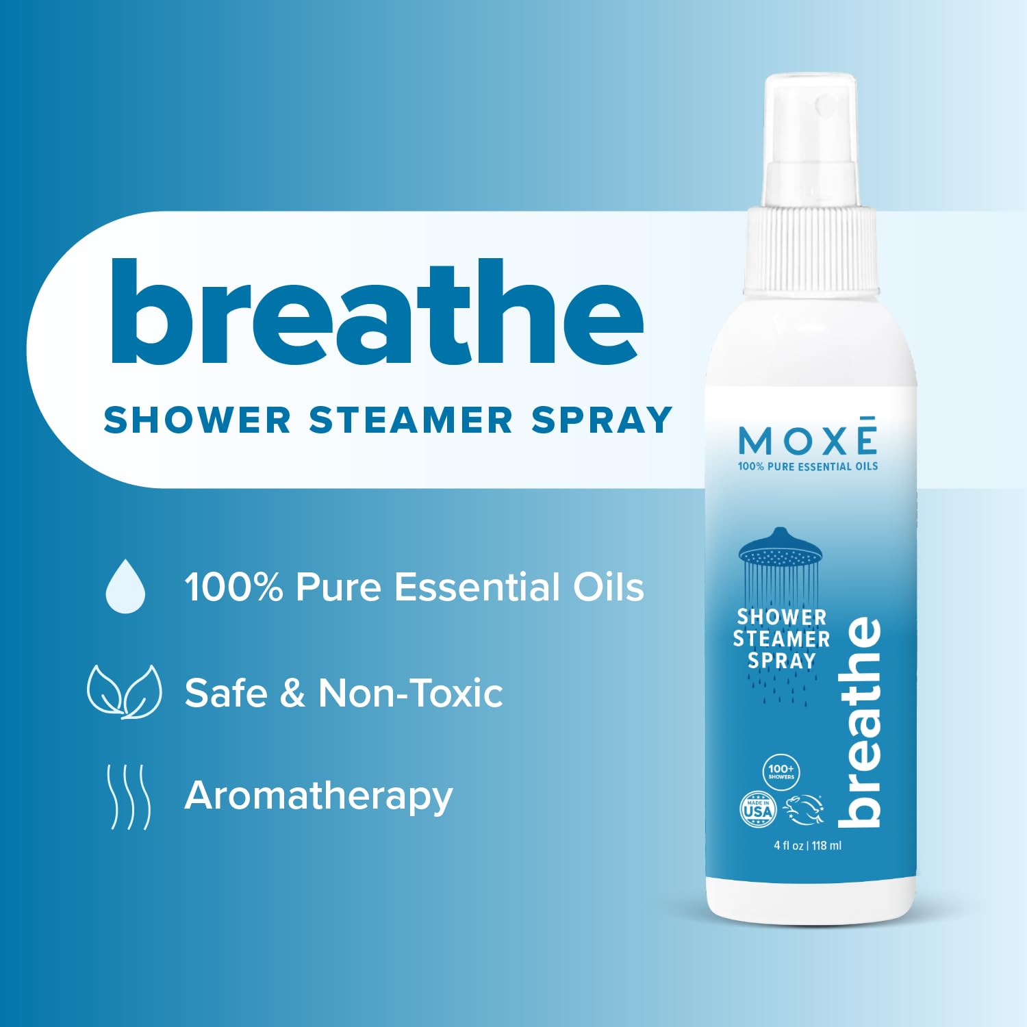 MOXE Breathe bottle label shows eucalyptus and peppermint oils for mood uplift.