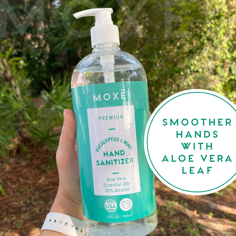 MOXE eucalyptus mint gel texture on hand demonstrates quick-dry cleansing
