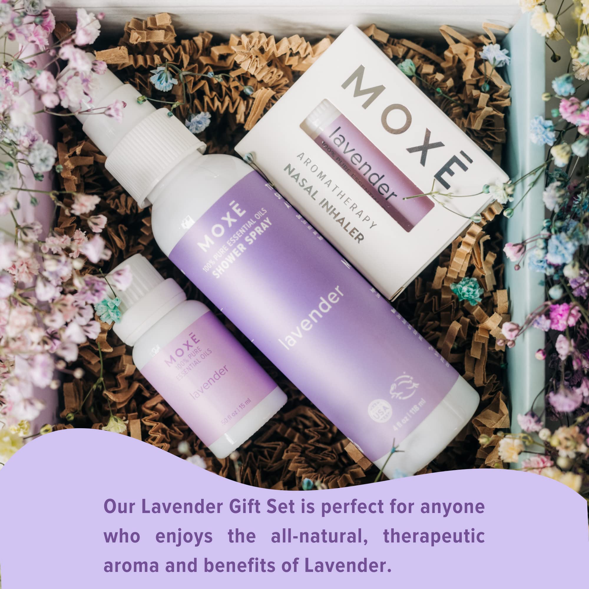 MOXE Lavender shower steamer spray bottle releasing a calming aroma