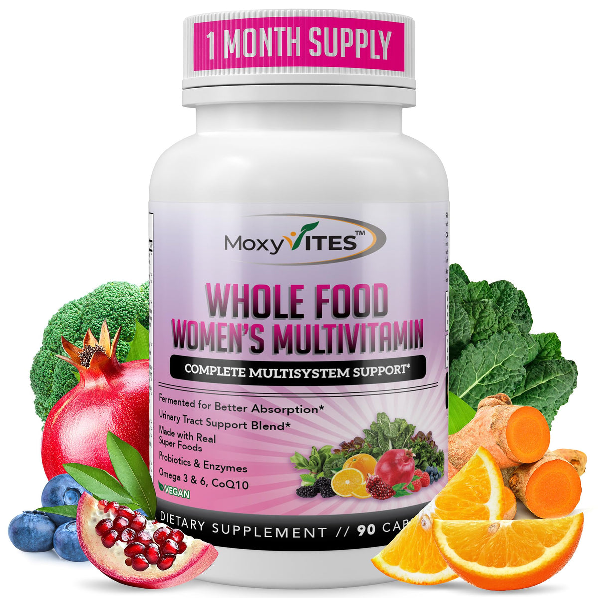 MoxyVites bottle front label for the vegan women's multivitamin.