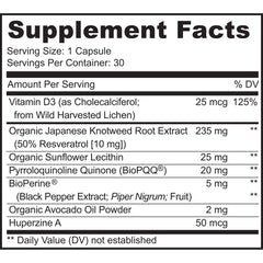 MoxyVites PQQ MITORESTORE capsules closeup showing vegan capsules.