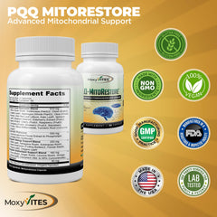 MoxyVites PQQ MITORESTORE vegan-certified formula in bottle.