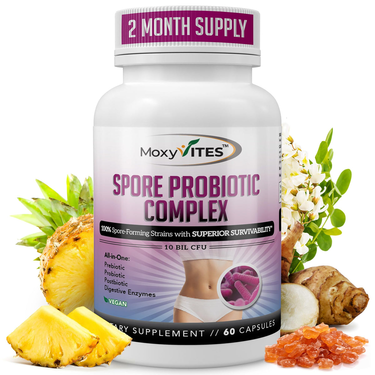 MoxyVites Spore Probiotic Complex bottle, travel-ready and shelf-stable.