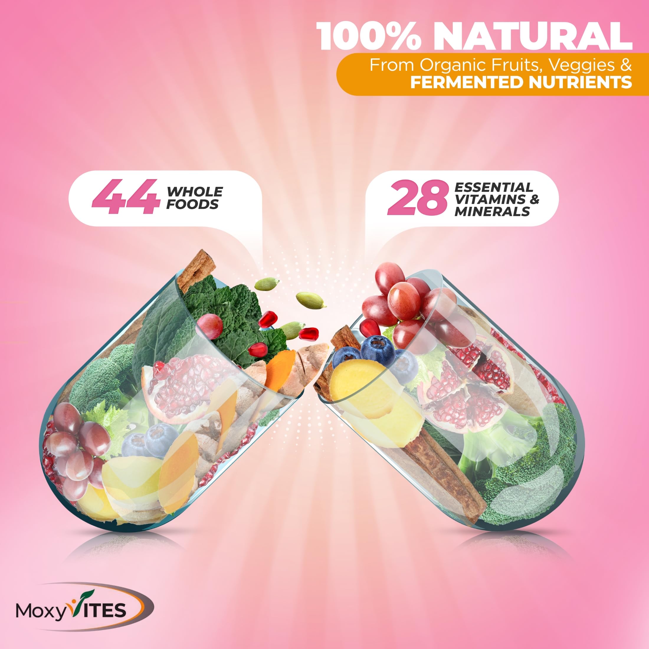MoxyVites vegan capsules packaging highlights cruelty-free, dairy-free formula.
