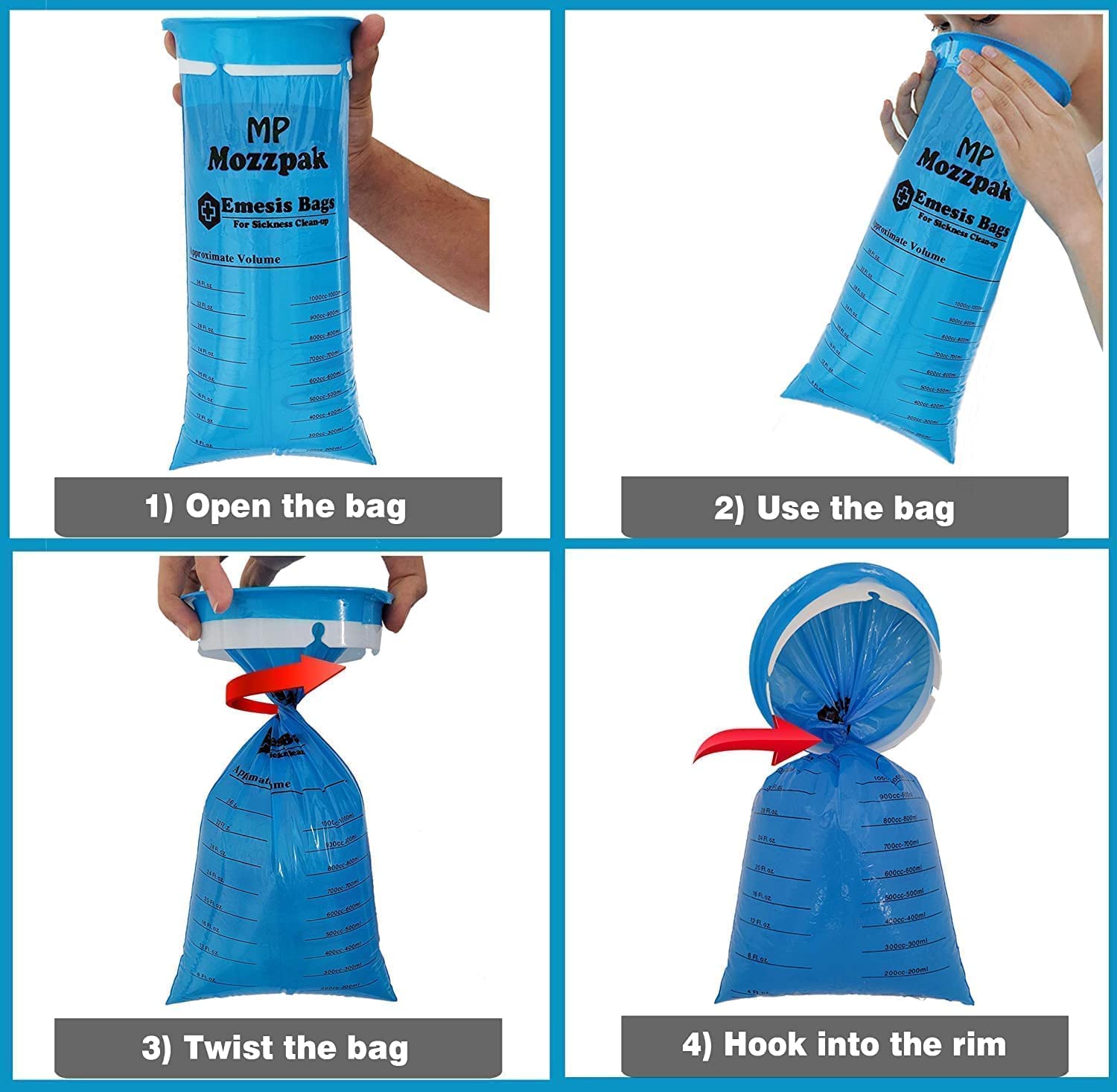 MP Mozzpak disposable emesis bag in blue for quick disposal.