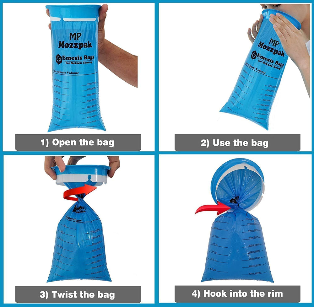 MP Mozzpak disposable emesis bag in blue for quick disposal.