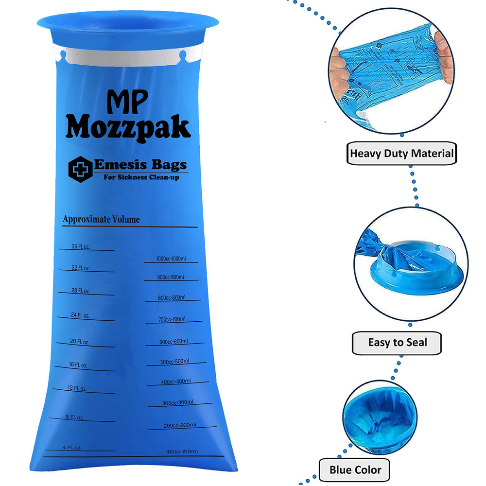 MP Mozzpak heavy-duty emesis bag made of sturdy plastic.