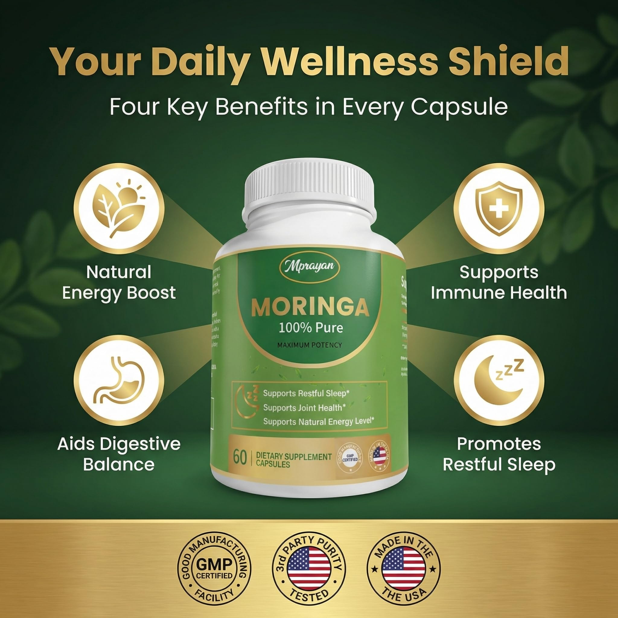 Label detail on MPRAYAN Moringa Capsules highlighting 800mg serving.