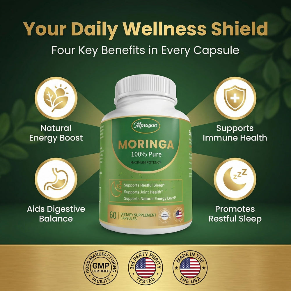 Label detail on MPRAYAN Moringa Capsules highlighting 800mg serving.