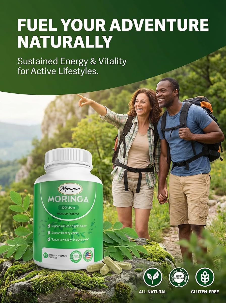 MPRAYAN Moringa product label shows vegan and non-GMO badges.