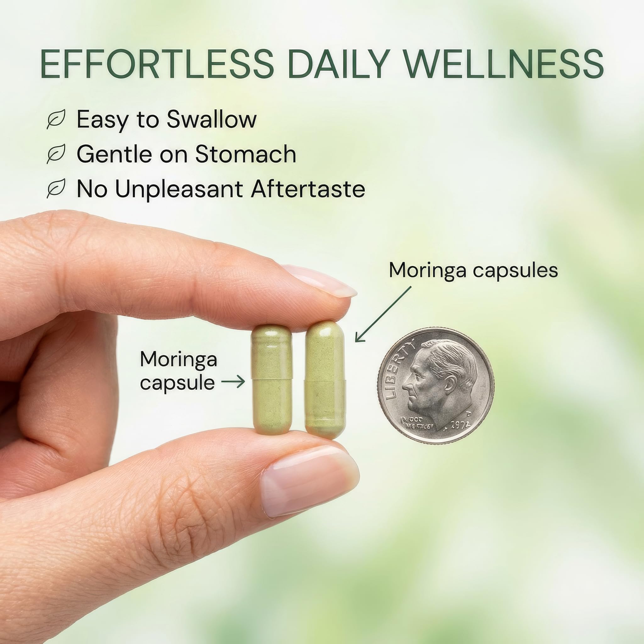 MPRAYAN Moringa capsules beside a glass of water.