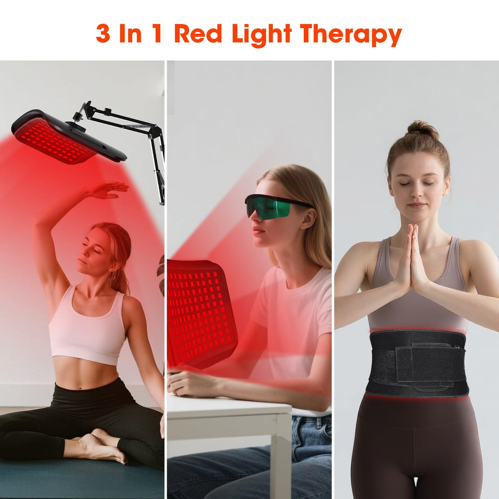 MQHOOB red light therapy lamp with adjustable stand for versatile positioning.