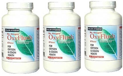 Mr. Oxygen OxyFlush 3-pack bottle being poured, suggesting digestive support