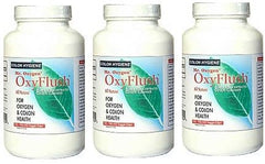 Mr. Oxygen OxyFlush 3-pack bottle being poured, suggesting digestive support