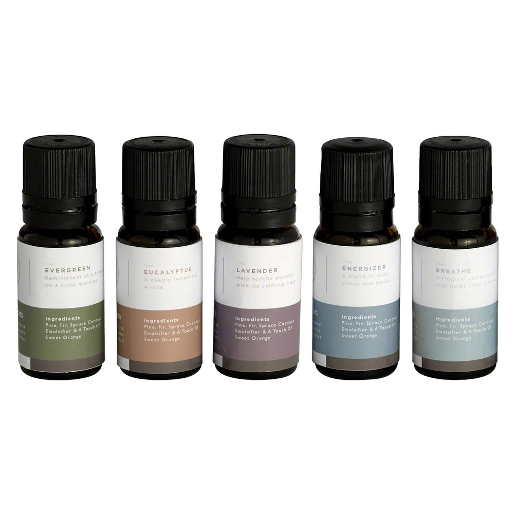 Mr. Steam MS Essential 5 aromasteam oils pack in a spa setup for relaxing steam aromatherapy.