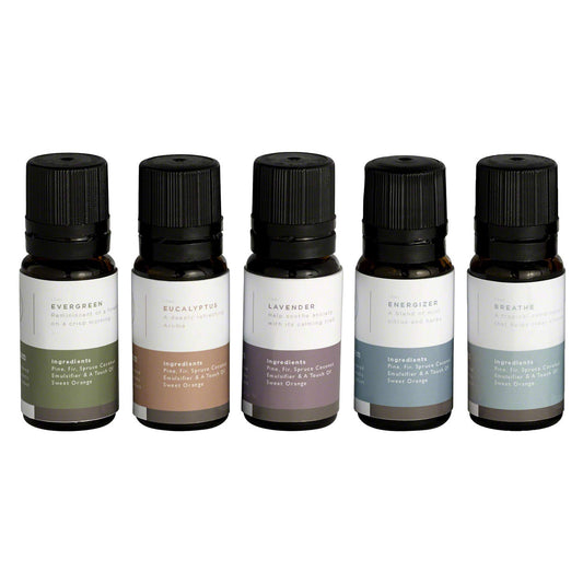 Mr. Steam MS Essential 5 aromasteam oils pack in a spa setup for relaxing steam aromatherapy.