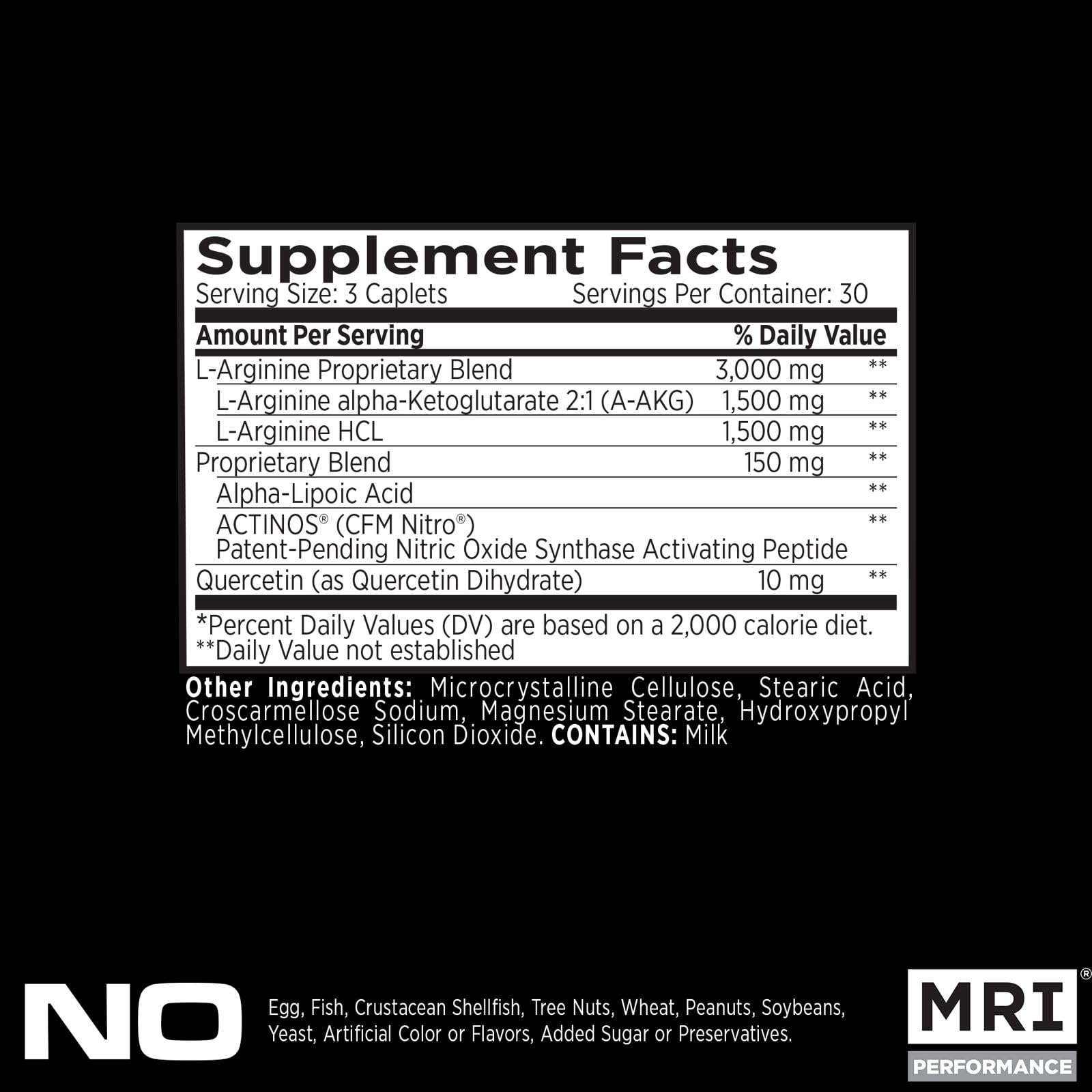 MRI Performance NO2 label closeup highlights the 3,000 mg L-Arginine AAkg blend.