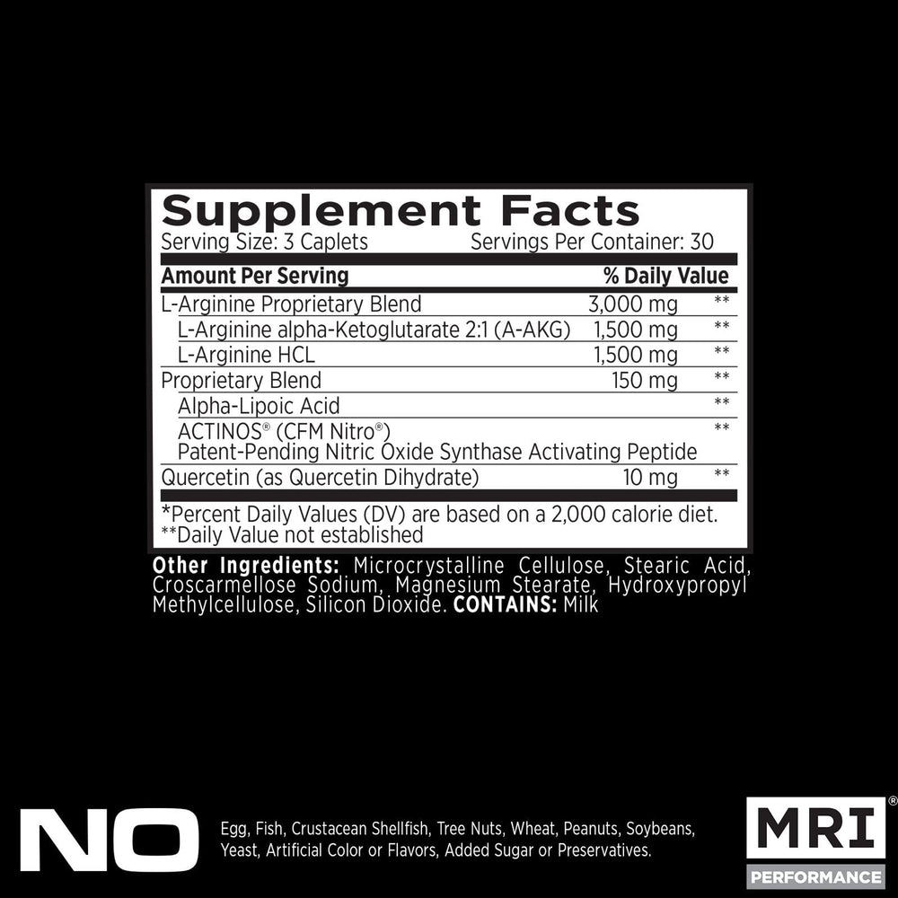 MRI Performance NO2 label closeup highlights the 3,000 mg L-Arginine AAkg blend.