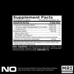 MRI Performance NO2 label closeup highlights the 3,000 mg L-Arginine AAkg blend.