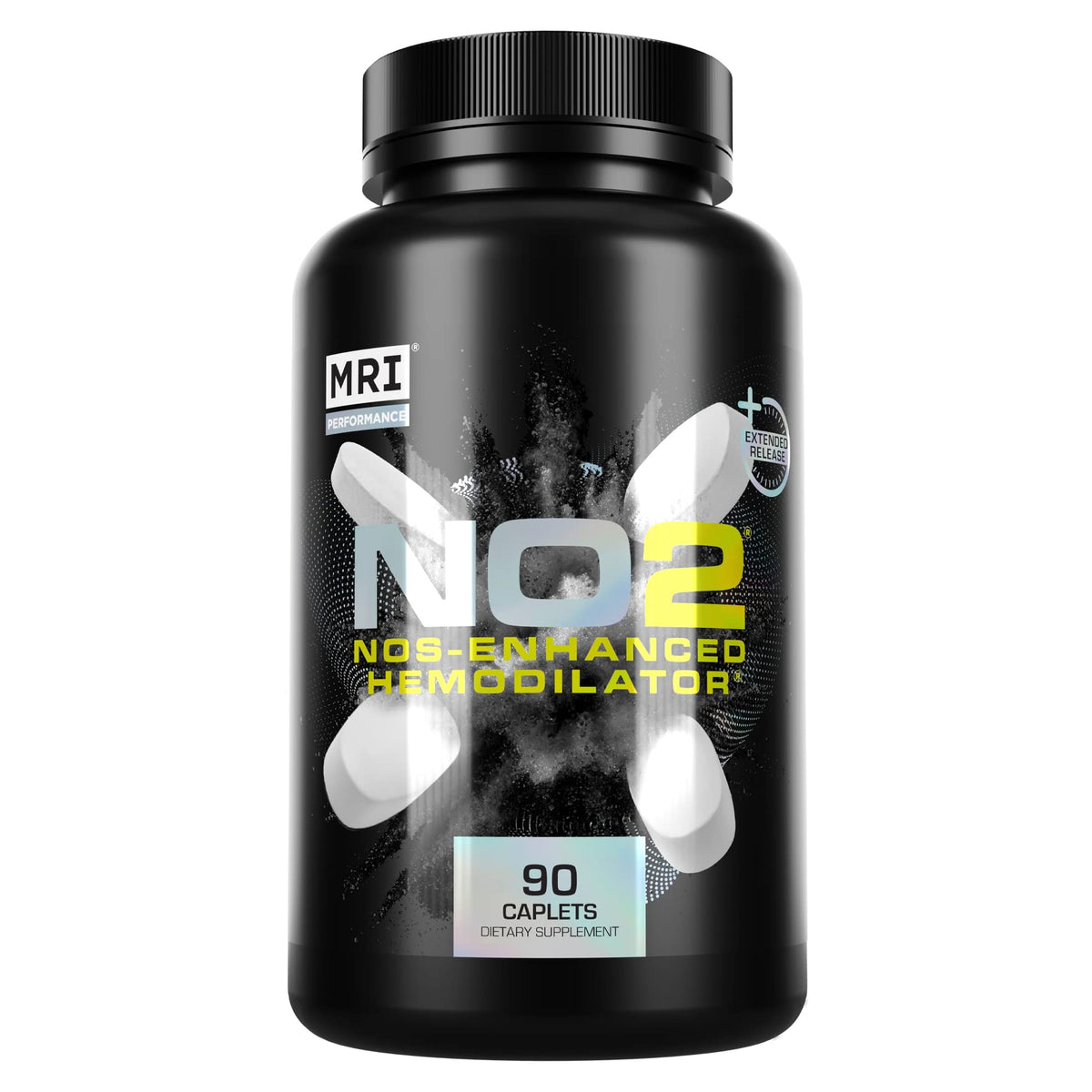 MRI Performance NO2 original bottle close-up with capsules for nitric oxide support during workouts.