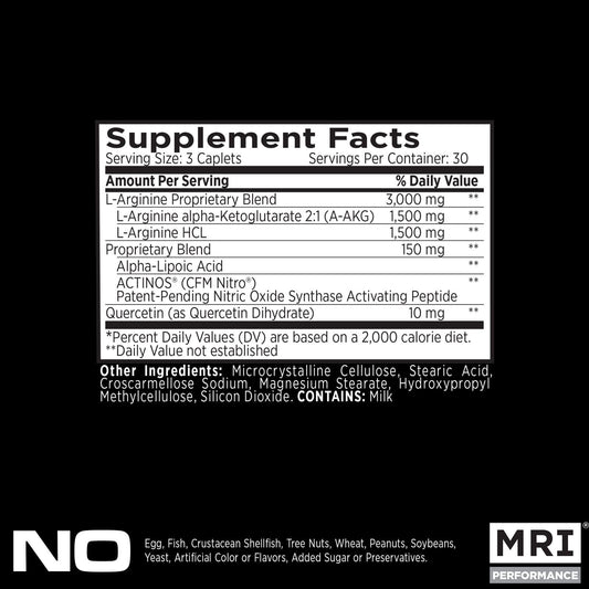 MRI Performance NO2 label close-up highlighting 3,000 mg L-Arginine and AAKG for athletes.