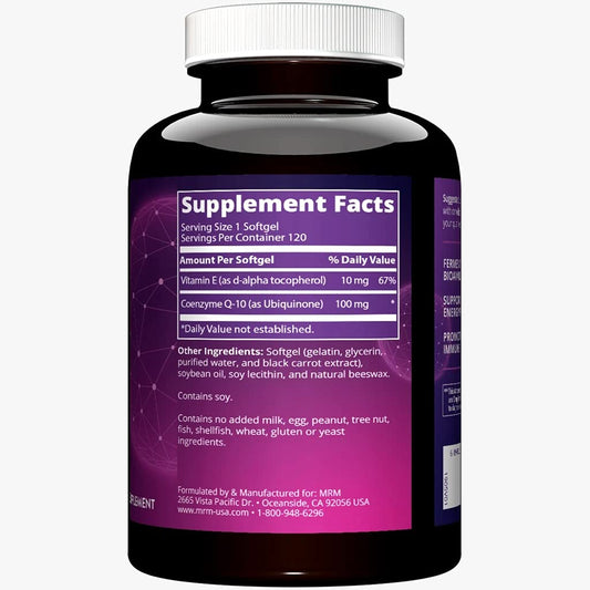 MRM CoQ-10 100mg softgels close-up; pre-emulsified liposomal delivery may boost absorption.