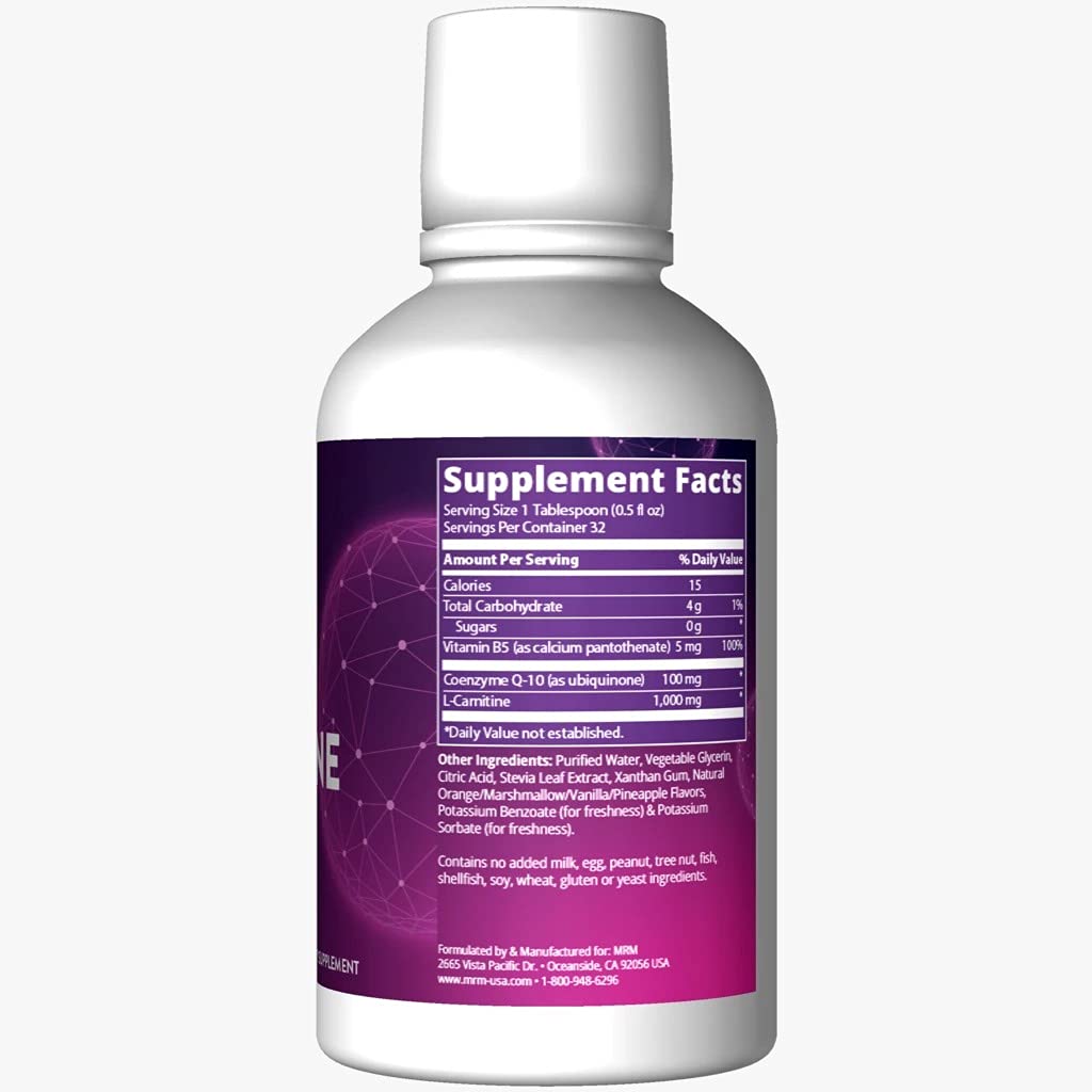 MRM CoQ-10 L-Carnitine liquid label closeup highlighting ingredients and benefits
